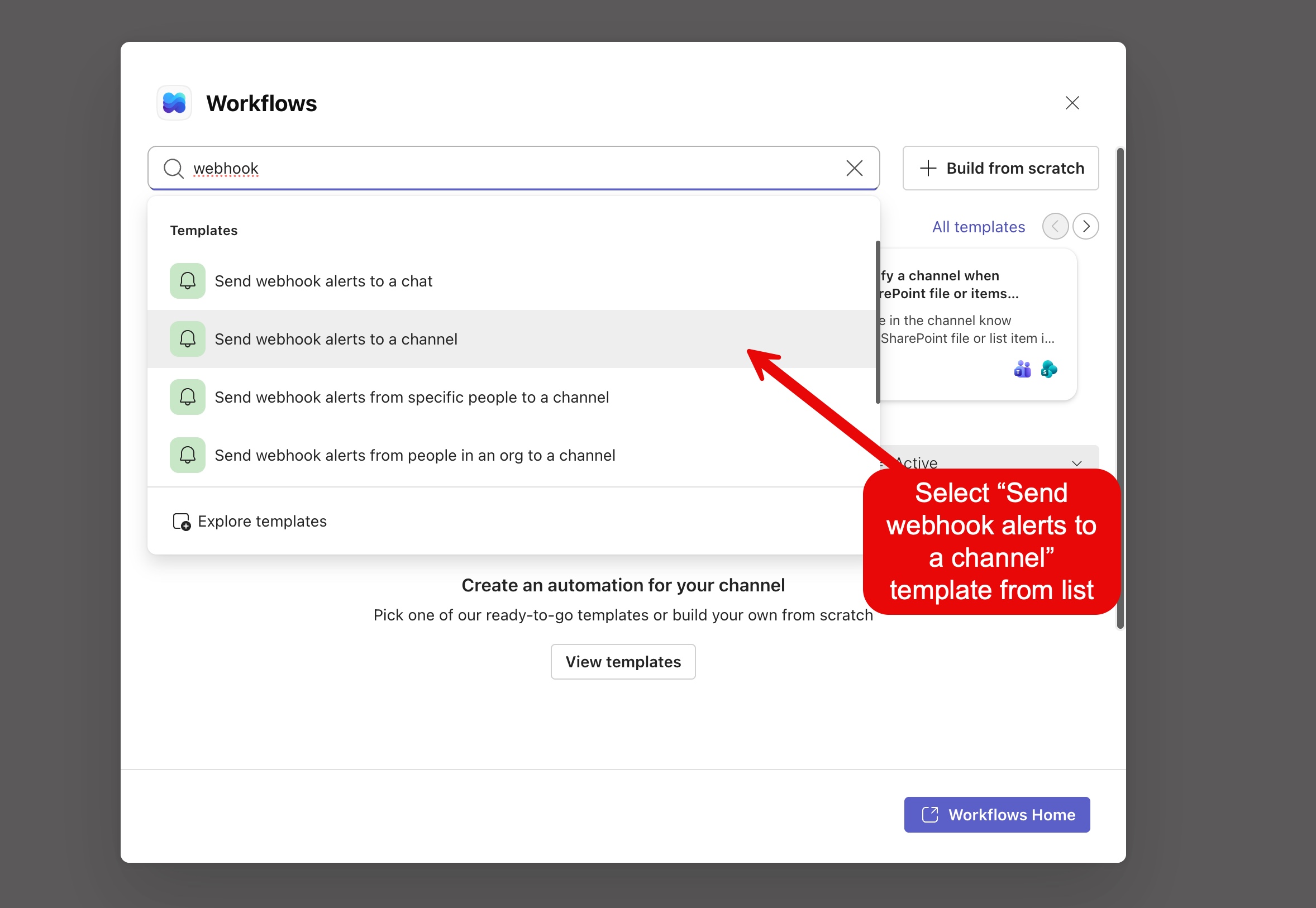 The Teams Workflows dialog with "webhook" searched, highlighting the "Send webhook alerts to a channel" template.