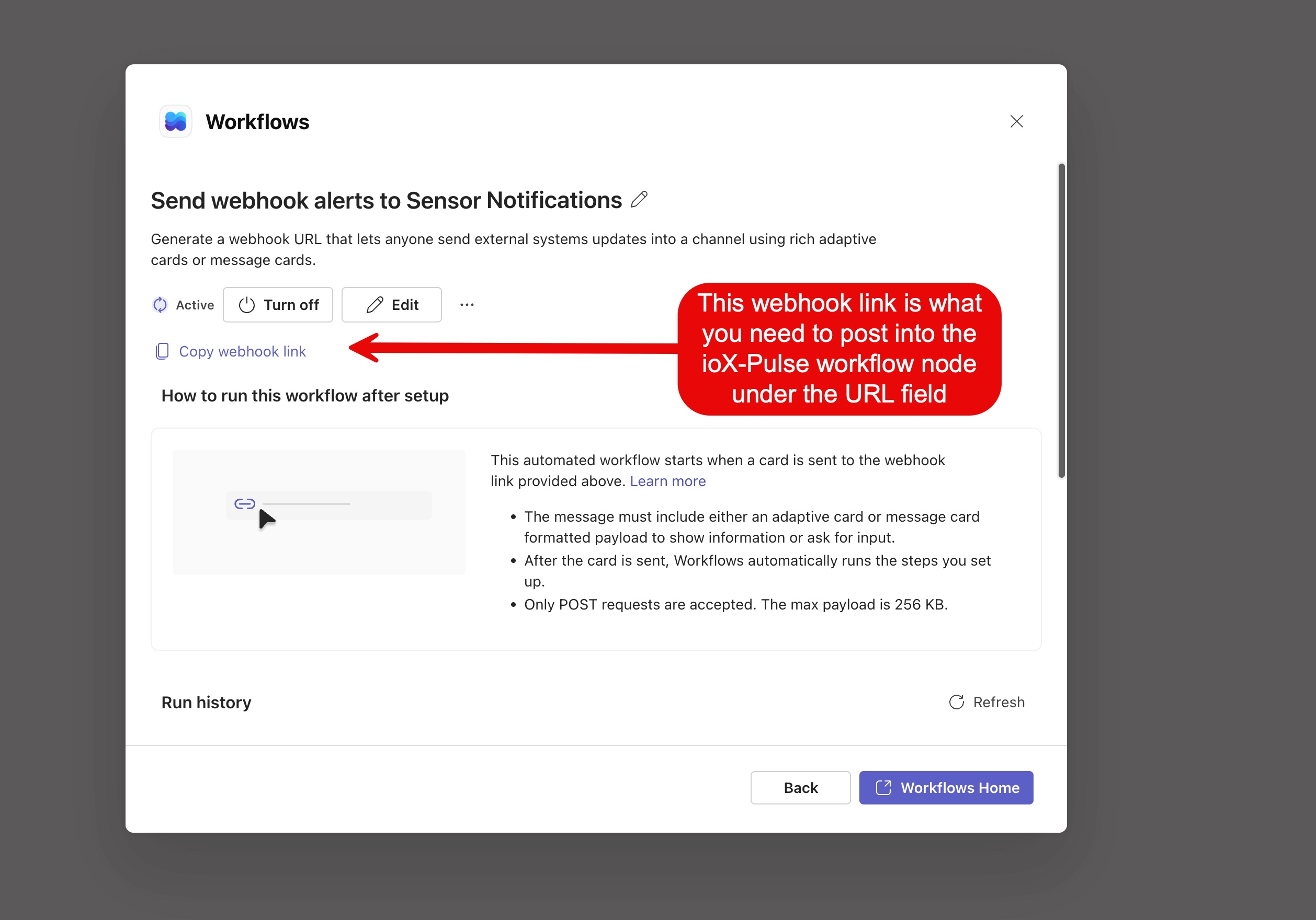 The created Teams workflow, with the "Copy webhook link" button that provides the URL for the workflow's Webhook action.