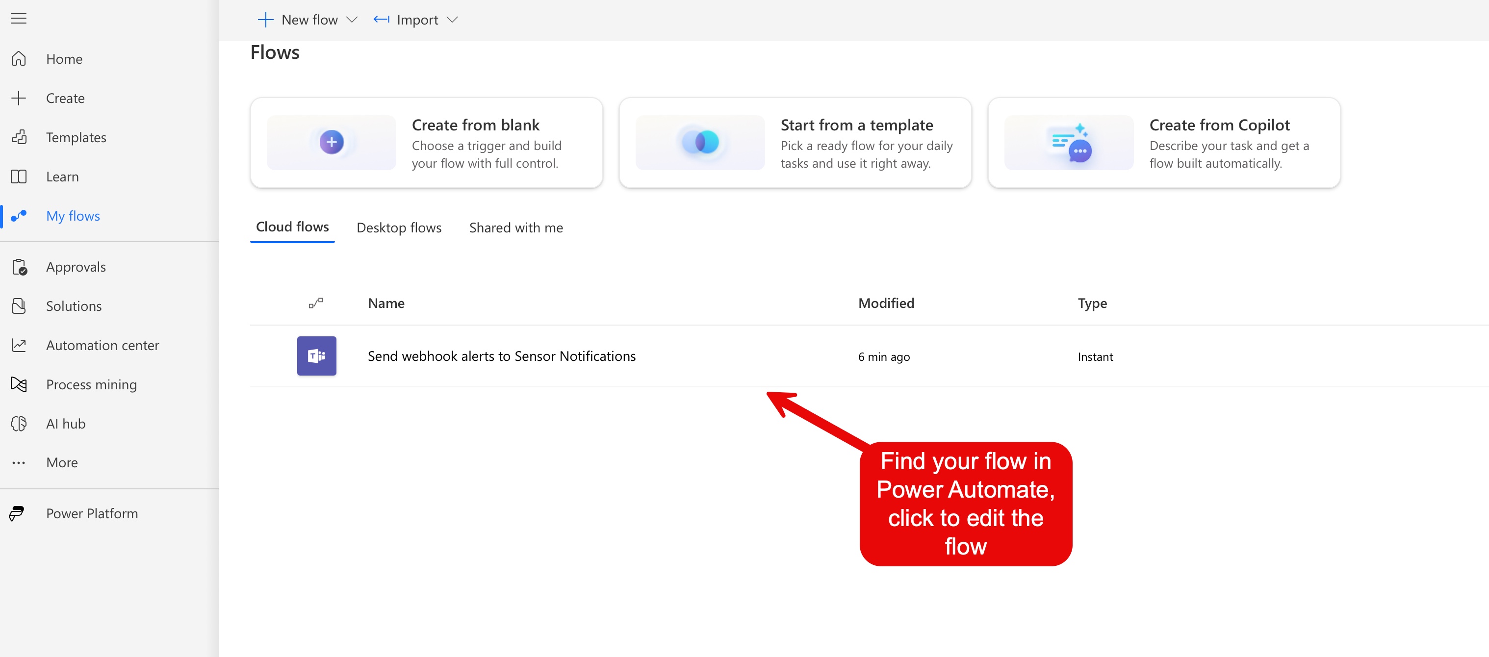 The Power Automate "My flows" list showing the newly created Teams flow.