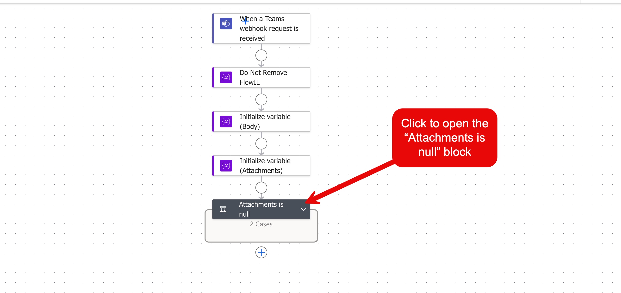 The flow canvas in Power Automate, with the "Attachments is null" block to expand at the bottom.