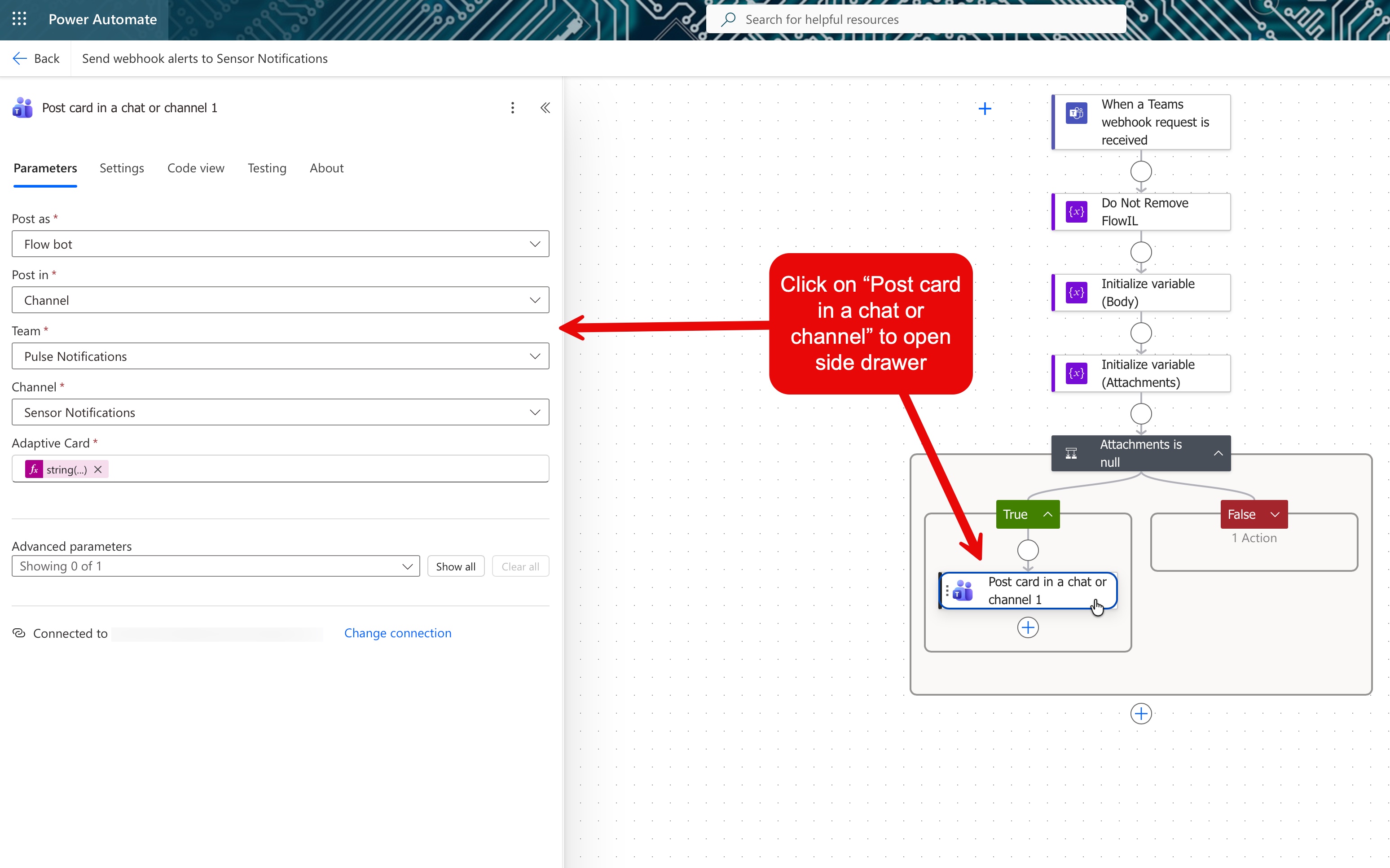 The "Post card in a chat or channel" action inside the True branch, with its settings drawer open.