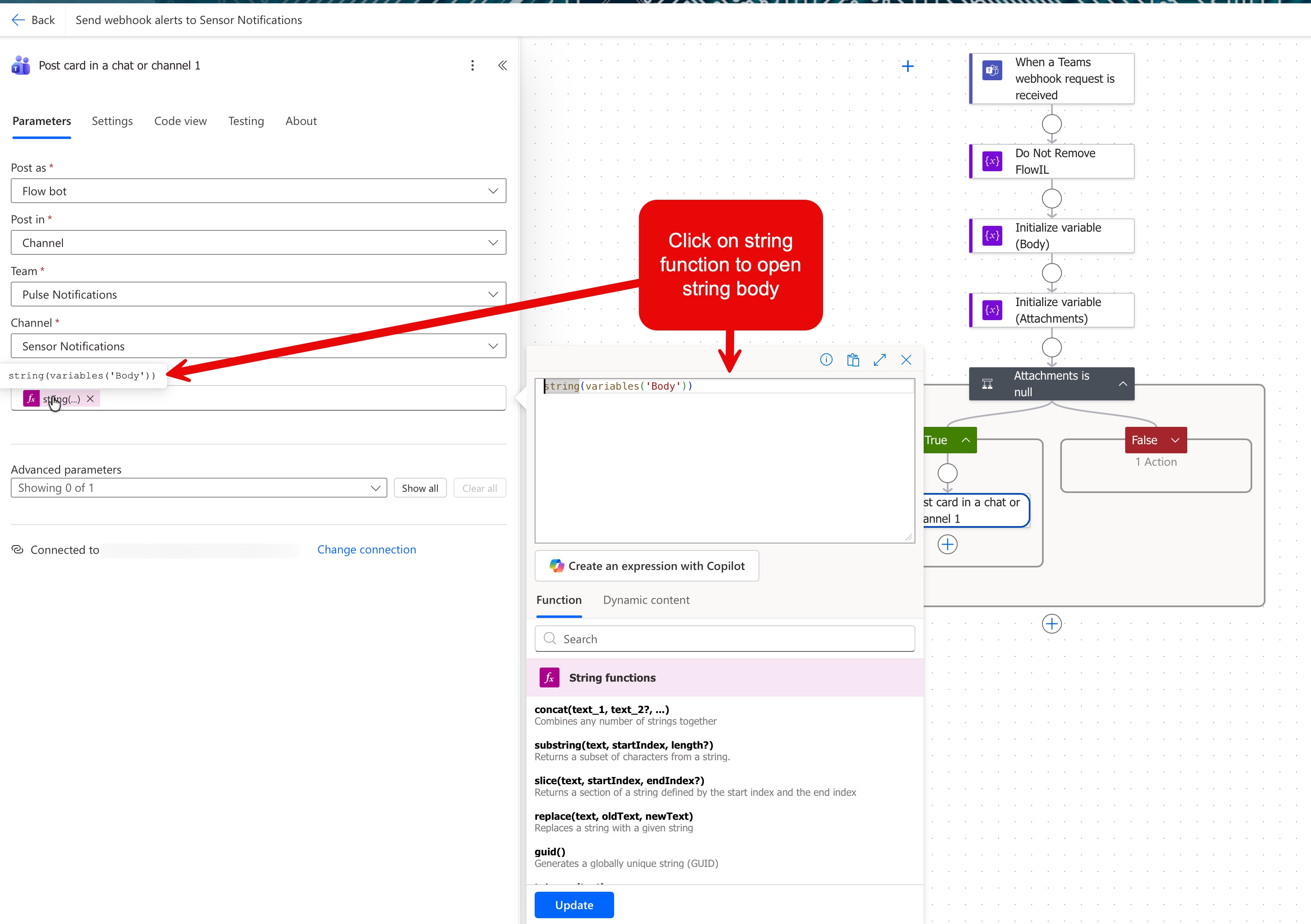 The expression editor opened from the Adaptive Card field, showing the template's default expression.