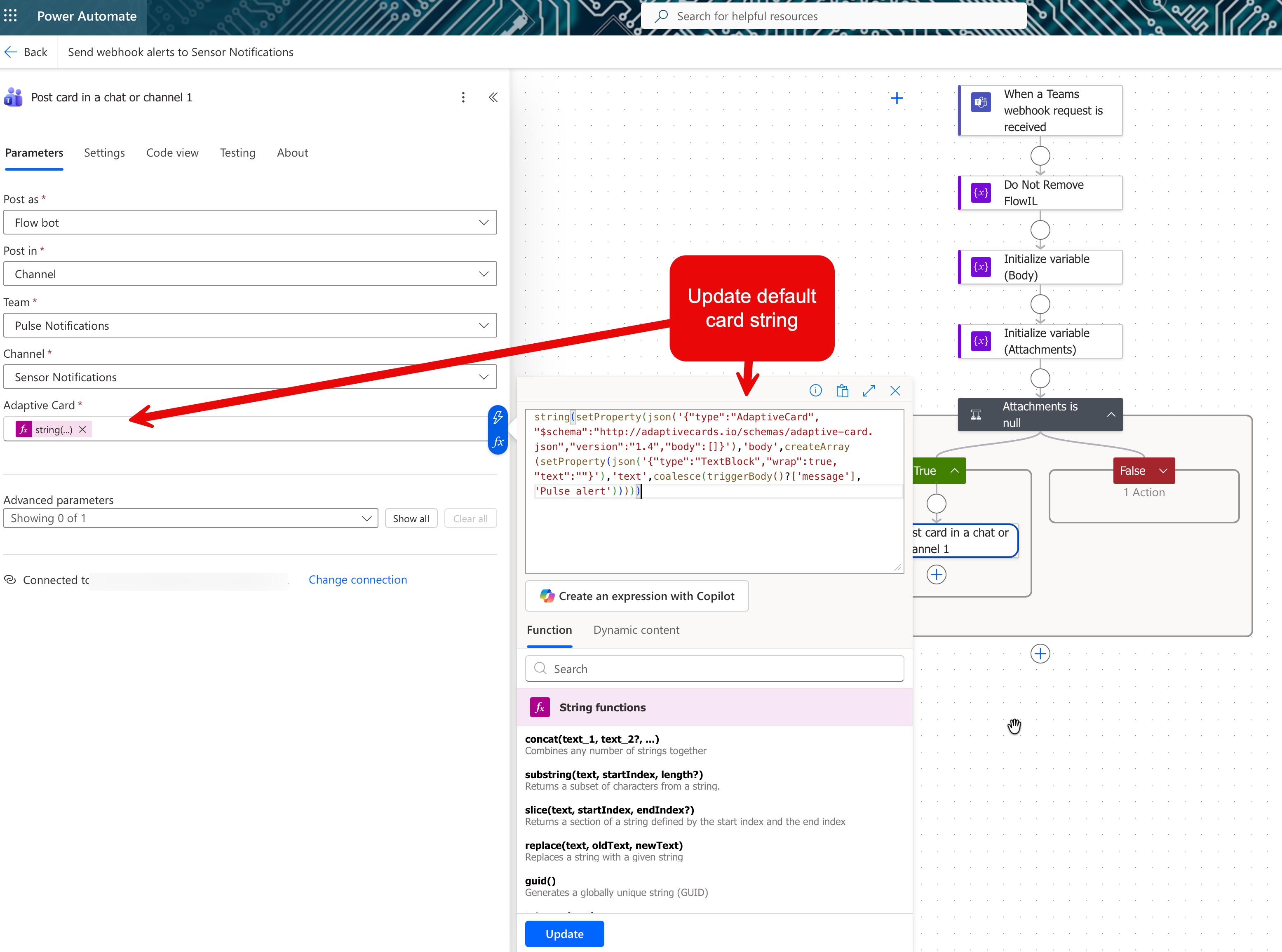 The expression editor with the replacement snippet pasted in, ready to update.
