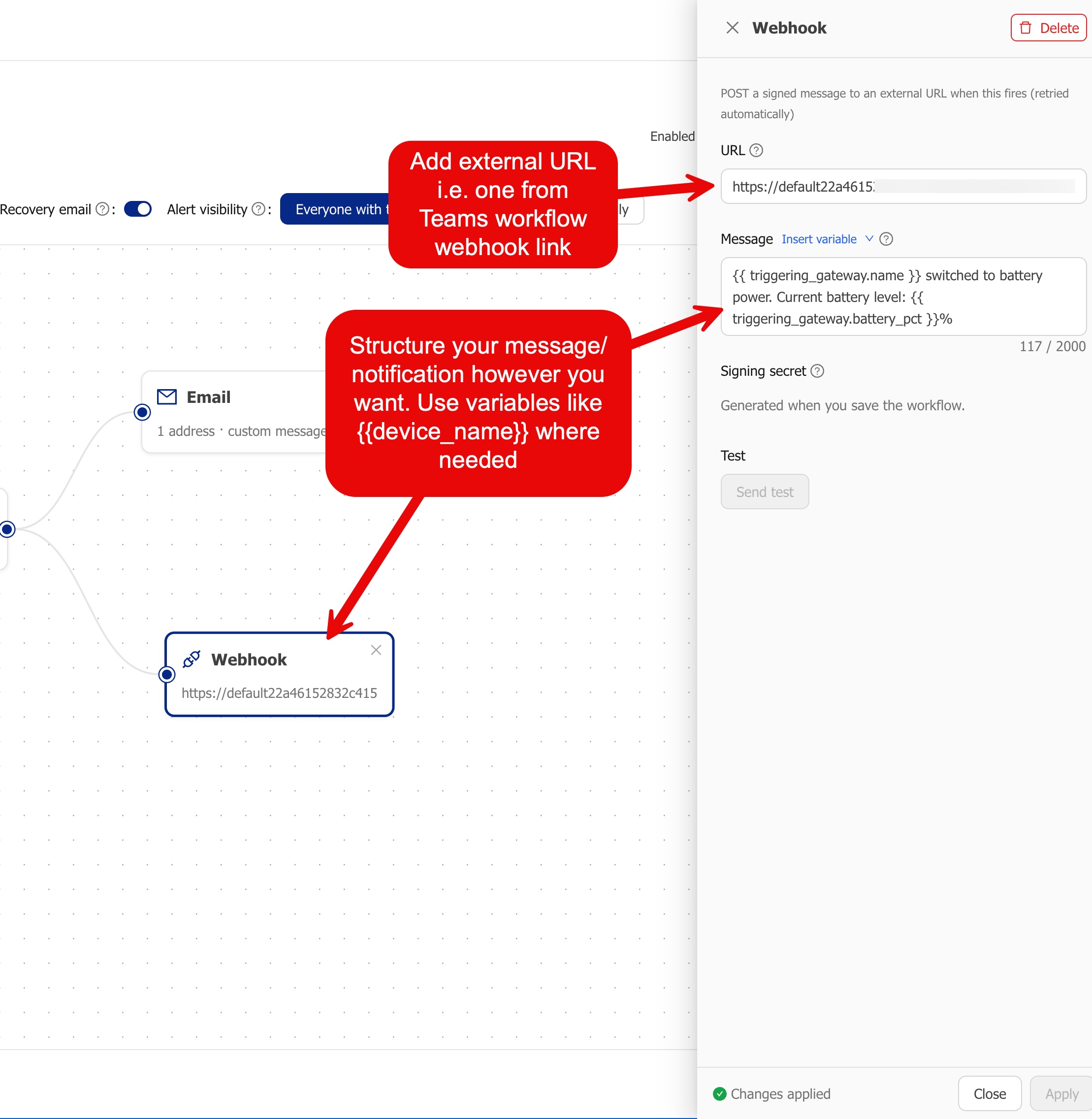 The Webhook action's settings, with the Teams URL pasted in and a message using variables.
