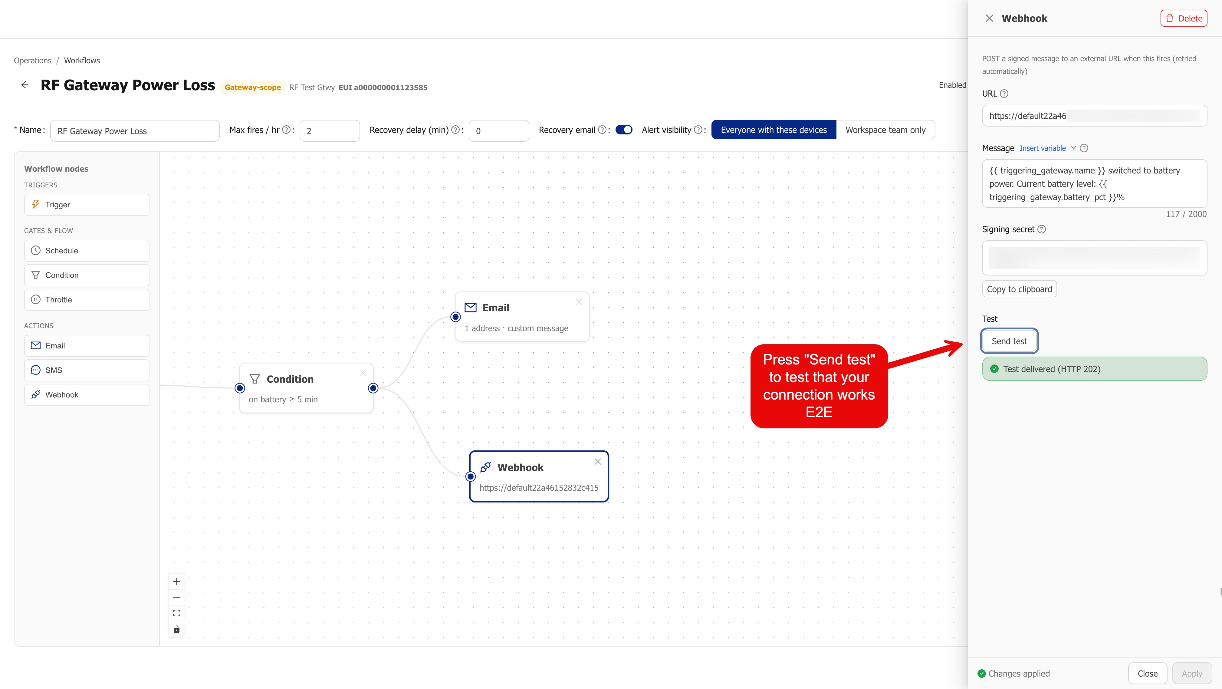 The workflow builder with a webhook test sent, showing "Test delivered (HTTP 202)".