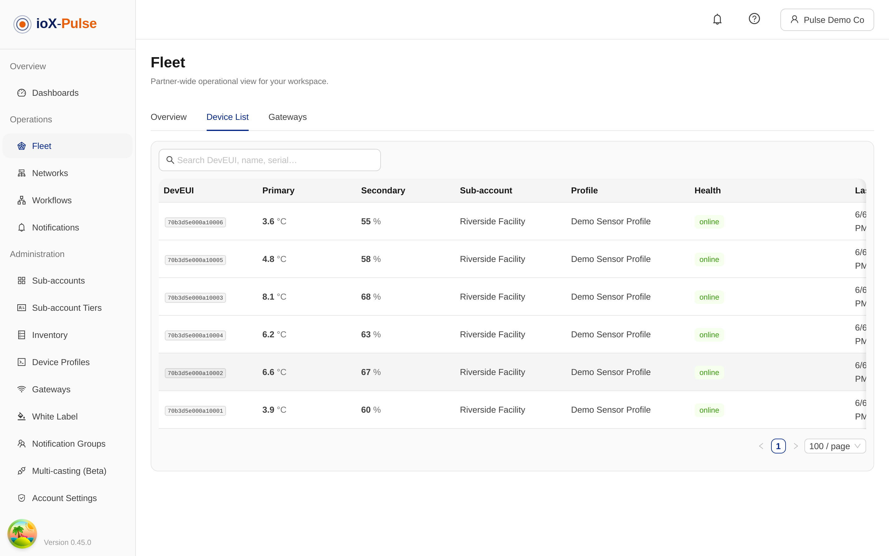 The Fleet Device List, showing each device's primary and secondary readings, device profile, and health status.